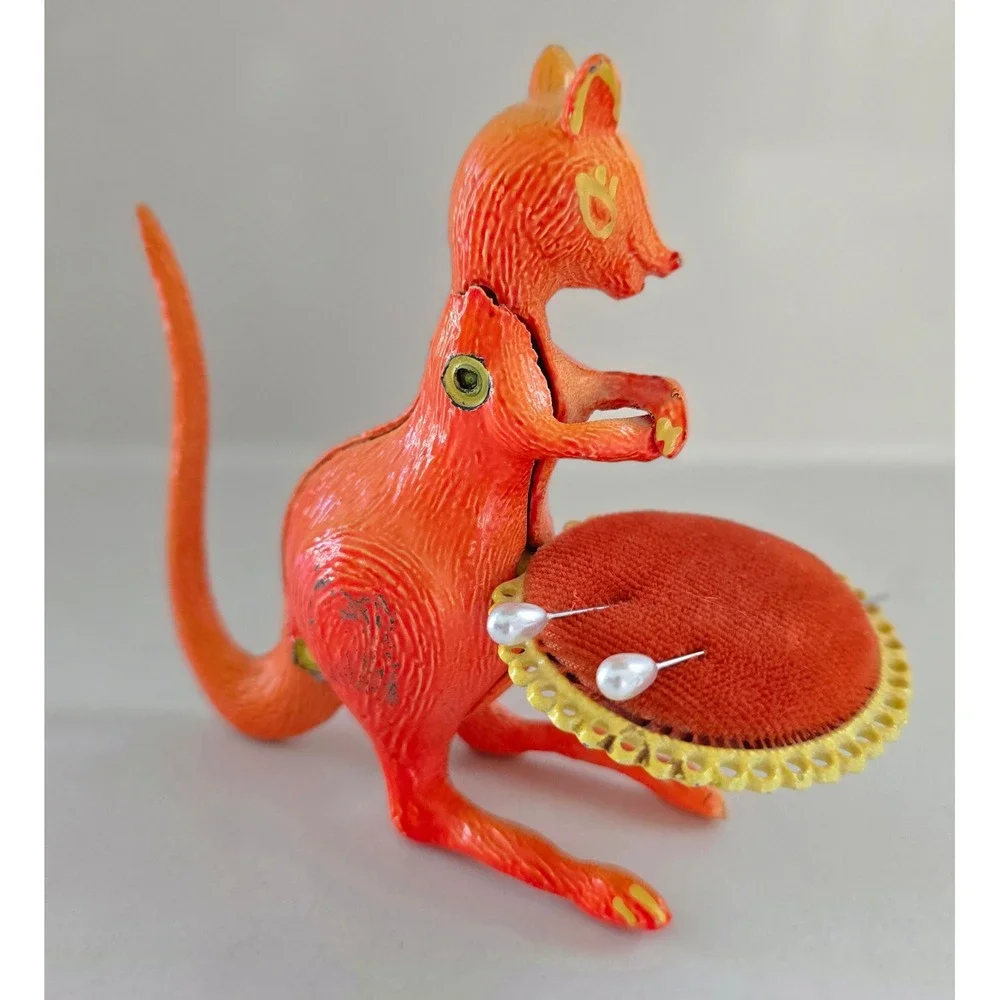 Vintage Orange Cast‎ Metal Kangaroo Pin Cushion Red Velvet Sewing Collectible